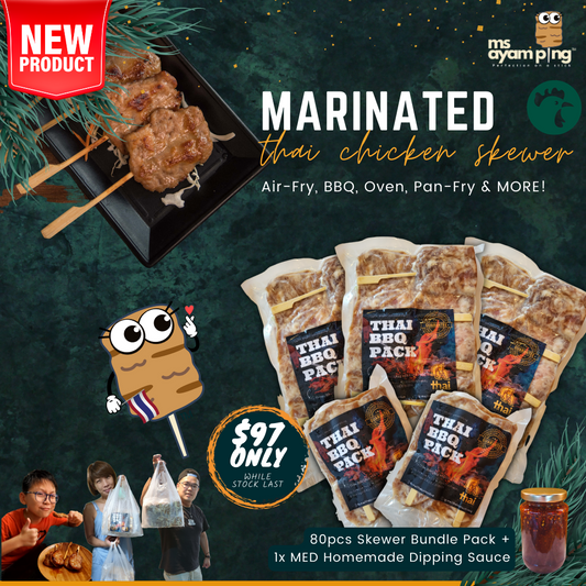 NEW - 80pcs Marinated Signature Thai Chicken Skewers Frozen Pack + 1x MED Nam Jim Dipping Sauce